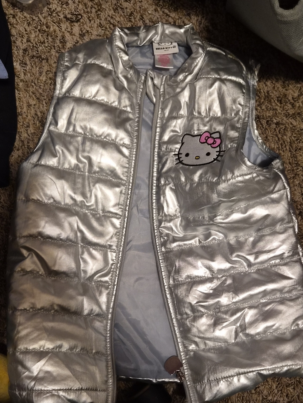 Hello Kitty Metallic Silver Puffer Vest with Pink Bow Accent